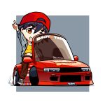  1girl \n/ absurdres backwards_hat baseball_cap border breasts brown_eyes brown_pants car checkered_footwear chibi convertible d1_grand_prix drifting duz english_commentary english_text grey_background grey_sweater hat highres kanbaru_suruga midriff_peek monogatari_(series) motor_vehicle navel nissan nissan_s13_silvia nissan_silvia outside_border pants red_headwear shoes short_hair small_breasts smile sneakers stance_(vehicle) sweater tank_top tomboy vehicle_focus white_border yellow_tank_top 