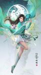  1girl absurdres bird black_hair bracelet chinese_clothes copyright_name dress full_body green_dress green_footwear hair_ornament highres holding holding_sword holding_weapon jewelry logo long_hair official_art ring second-party_source shoes socks solo sword weapon xianjian_qixia_zhuan xianjian_qixia_zhuan_7 yue_qingshu_(xianjian_qixia_zhuan_7) 