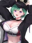  1girl :d arms_up ball baseball_cap black_collar black_headwear black_jacket blush breasts character_name chest_belt cleavage collar commentary_request crop_top cropped_shirt ear_piercing earrings eyelashes fingernails green_hair hair_ornament hat hatogayar highres holding holding_ball jacket jewelry large_breasts long_bangs looking_at_viewer midriff mole mole_on_breast nail_polish navel necklace open_clothes open_jacket open_mouth pierced_hat piercing purple_eyes purple_jacket red_nails red_shirt shadow shirt short_hair smile soccer_ball solo swept_bangs two-sided_fabric two-sided_jacket two-tone_shirt underbust upper_body virtual_youtuber vspo! white_background white_shirt x_hair_ornament yakumo_beni zipper 