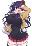  1girl ;d black_shirt blue_hair blush breasts brown_gloves commentary_request cool-kyou_shinja fur-trimmed_jacket fur_trim gloves gradient_hair highres jacket komori-san_wa_kotowarenai! komori_shuri large_breasts long_hair looking_at_viewer multicolored_hair one_eye_closed open_clothes open_jacket open_mouth plaid plaid_skirt red_eyes red_skirt shirt skirt smile solo standing thighhighs thighs white_background zettai_ryouiki 