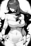  1girl absurdres bare_shoulders breasts choker cleavage commentary dress hair_over_one_eye highres kirijou_mitsuru large_breasts long_hair long_sleeves monochrome nail_polish off-shoulder_dress off_shoulder parted_lips persona persona_3 solo upper_body very_long_hair zovokia 