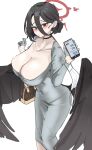  1girl absurdres alternate_costume black_hair black_wings blue_archive breasts cellphone cellphone_photo cleavage collarbone commentary cropped_jacket dongtan_dress dress feathered_wings grey_dress grey_jacket hair_bun halo hasumi_(blue_archive) highres holding holding_phone huge_breasts jacket long_hair_between_eyes looking_at_viewer meme_attire mole mole_under_eye phone red_eyes red_halo scoop_neck simple_background single_side_bun solo taut_clothes taut_dress white_background wings xvb259 