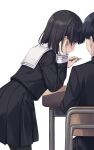  1boy 1girl adjusting_hair black_hair black_jacket black_pantyhose black_serafuku black_skirt blush chair desk highres holding holding_pen jacket na-ga original pantyhose parted_lips pen sailor_collar school_desk school_uniform serafuku short_hair skirt solo_focus white_sailor_collar 