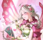  1girl ahoge aroused blue_eyes blush book braid breasts butterfly_wings capelet cleavage commission commissioner_upload cross-laced_clothes cross-laced_dress fairy_wings fire_emblem fire_emblem_fates fire_emblem_heroes flower_bracelet fujoshi gradient_clothes green_bracelet grey_hair hair_vines heart highres holding holding_book insect_wings leaf_bracelet long_hair low_twin_braids nina_(fire_emblem) nina_(resplendent)_(fire_emblem) non-web_source official_alternate_costume open_mouth parted_bangs pink_capelet pink_hair saliva saliva_trail_between_teeth skeb_commission solo toriyoshi_(mmxn3582) twin_braids upper_body vine_bracelet vine_harness white_hair wings 