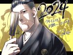  1boy 2024 black_eyes black_hair black_kimono closed_mouth covering_own_eyes dated facial_hair goatee golden_kamuy hair_slicked_back hand_up highres holding japanese_clothes kimono letterboxed looking_at_viewer male_focus ogata_hyakunosuke portrait shadow short_hair signature smile solo translation_request umako_(umakoo3o) undercut 