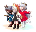  3girls 68er animal_ears beanie black_footwear black_gloves blue_eyes blunt_bangs brown_footwear brown_hair brown_headwear dress ears_through_headwear fingerless_gloves food_in_mouth gloves gold_ship_(umamusume) grey_hair grey_headwear hair_ornament hat highres holding horse_ears horse_girl horse_tail jacket long_hair long_sleeves multicolored_hair multiple_girls nakayama_festa_(umamusume) orange_hair orfevre_(umamusume) pillbox_hat purple_eyes red_dress shirt tail umamusume white_footwear white_hair 