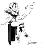 2017 alien alien_humanoid black_and_white bottomwear breasts clothed clothing disney eyebrows eyelashes female fingers footwear gesture gloves grin groove1121 hair hand_gesture handwear hi_res humanoid humanoid_pointy_ears long_hair looking_at_viewer lord_dominator middle_finger midriff monochrome noseless not_furry shoes signature sitting smile socks teeth topwear wander_over_yonder
