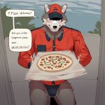 anthro athletic athletic_anthro athletic_male blush bodily_fluids canid canine canis claws countershade_fur countershading delivery_(commerce) english_text food_delivery fur gakujo grey_body grey_fur hi_res imminent_sex male mammal nose_bandage pawpads pink_eyes pink_pawpads pizza_box pizza_delivery solo speech_bubble sweat sweatdrop tenting text white_body white_claws white_countershading white_fur wolf