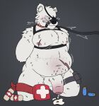 anthro balls bdsm bear big_balls bodily_fluids bondage bound ejaculation epic_games fortnite genital_fluids genitals hornypurpproto leash leash_pull male mammal polar_patroller precum scar slightly_chubby slightly_chubby_male solo solo_focus tied_muzzle