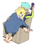  1boy 1girl aqua_hair barefoot blanket blonde_hair cellphone chair closed_eyes closed_mouth dede_(qwea_00000) earphones flip_phone holding holding_phone inkling_boy inkling_player_character jacket long_sleeves multicolored_hair octoling_girl octoling_player_character pants phone pointy_ears purple_hair simple_background sitting splatoon_(series) sweat tentacle_hair white_background 