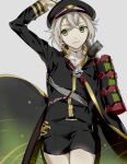  1boy armor bad_link green_eyes grey_hair hotarumaru izumi_(nagashi) scabbard sheath short_hair shorts touken_ranbu 