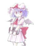  1girl animal_ears aokukou ascot back_bow bat_wings bespectacled blue_hair book bow cat_ears cat_tail collared_shirt cowboy_shot frilled_headwear frilled_sleeves frilled_wrist_cuffs frills glasses hair_between_eyes hat hat_bow holding holding_book looking_at_viewer medium_hair mob_cap open_mouth red_ascot red_bow red_eyes remilia_scarlet round_eyewear shirt short_sleeves simple_background skirt skirt_set sleeve_ribbon solo tail touhou white_background white_headwear white_skirt wings wrist_cuffs 