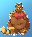 animal_crossing anthro belly belly_grab belly_overhang belly_rolls big_belly blush blush_lines bodily_fluids breasts brown_body brown_fur deep_navel domestic_cat double_chin felid feline felis female fur glistening glistening_body hi_res huge_thighs katt_(animal_crossing) mammal navel nintendo obese obese_anthro obese_female overweight overweight_anthro overweight_female robirobi solo sweat sweatdrop thick_thighs weight_conscious weight_gain
