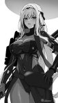  1girl bodysuit breasts commentary_request covered_navel cuboon frown goddess_of_victory:_nikke halo hand_on_own_hip holding holding_sword holding_weapon katana large_breasts long_hair looking_at_viewer mechanical_halo monochrome paid_reward_available parted_lips scarlet_(black_shadow)_(nikke) scarlet_(nikke) solo sword weapon 