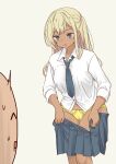  1girl 1other absurdres blonde_hair blue_eyes collared_shirt commentary_request daipunch dressing grey_necktie highres looking_at_another necktie open_mouth original panties pleated_skirt shirt side_ponytail simple_background skirt standing underwear white_shirt yellow_panties 