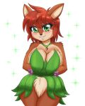 2024 absurd_res activision anthro arm_tuft blush breasts brown_body brown_fur clothing crotch_tuft elora eyebrows eyelashes faun_(spyro) female fur green_eyes hair hands_behind_back hi_res jewelry leaf_clothing looking_at_viewer mammal necklace saikyoryuuougi short_hair shoulder_tuft solo sparkles spyro_the_dragon tan_body tan_fur tuft