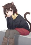  1girl :o animal_ear_fluff animal_ears anz32 black_shirt bow brown_scarf brown_socks cat_ears cat_girl cat_tail feet_out_of_frame grey_pantyhose hair_between_eyes hair_bow hands_up leaning_forward long_sleeves looking_at_viewer low_twintails original own_hands_together pantyhose parted_lips puffy_long_sleeves puffy_sleeves red_bow red_skirt ribbed_socks scarf shirt short_twintails simple_background sitting skirt sleeves_past_wrists socks solo tail twintails twitter_username white_background 