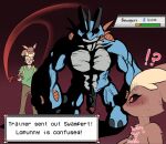 absurd_res amphibian anthro biceps big_breasts blue_body breasts brown_body brown_fur bymetalala canid eevee english_text fur gameplay_mechanics generation_1_pokemon generation_3_pokemon generation_4_pokemon genitals gui health_bar hi_res humanoid_genitalia humanoid_penis lagomorph lopunny male mammal muscular muscular_anthro muscular_male nintendo nipples nude penis pokemon pokemon_(species) pussy size_difference swampert text thick_thighs wide_hips