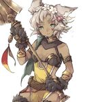  animal_ears asuna_(doruru-mon) belt blue_eyes breasts cat_paws cleavage cowboy_shot dark_skin erune feathers flower gloves granblue_fantasy grey_hair hair_feathers hair_flower hair_ornament highres holding holding_weapon melleau open_mouth paw_gloves paws pelvic_curtain polearm simple_background small_breasts solo sparkle spear weapon white_background white_flower 