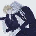  2boys belt black_belt black_coat black_gloves black_pants blonde_hair blue_eyes chest_strap closed_eyes cloud_strife coat commentary couple cuddling elbow_gloves final_fantasy final_fantasy_vii final_fantasy_vii_advent_children forehead-to-forehead gloves grey_background grey_hair haagi123 heads_together high_collar long_hair looking_at_another lying male_focus multiple_boys no_armor no_gloves on_back on_side open_clothes open_coat pants parted_lips sephiroth short_hair shoulder_strap simple_background sleeveless smile upper_body very_long_hair yaoi zipper 