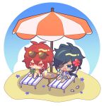  2boys :&lt; :d antenna_hair beach_chair beach_umbrella black_shorts blue_eyes blue_hair blue_shirt blue_sky blush blush_stickers book chair chibi closed_mouth cloud collared_shirt commentary_request crossed_bangs cup dark-skinned_male dark_skin day diluc_(genshin_impact) drinking_glass drinking_straw eyepatch eyewear_on_head flip-flops floral_print flower frown genshin_impact grey_shorts hair_between_eyes hair_flower hair_intakes hair_ornament hawaiian_shirt hibiscus holding holding_book holding_cup kaeya_(genshin_impact) koma_(km_mmmk) long_hair low_ponytail male_focus multicolored_hair multiple_boys navel on_chair one_eye_covered open_book open_clothes open_mouth open_shirt orange_shirt outdoors palm_tree_print parted_bangs ponytail print_shirt red_eyes red_flower red_hair sand sandals seashell shade shell shirt short_sleeves shorts sidelocks simple_background sitting sky smile star_(symbol) starfish streaked_hair sunglasses swept_bangs table tropical_drink umbrella unworn_sandals white_background white_footwear 