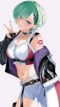  1girl absurdres asymmetrical_pants black_jacket breasts cleavage green_hair hair_ornament highres jacket kirameki_(rikukaikuu) large_breasts looking_at_viewer looking_back midriff mole mole_on_breast navel pants purple_eyes short_hair simple_background smile solo swept_bangs v virtual_youtuber vspo! white_background white_pants x_hair_ornament yakumo_beni 