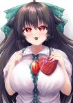  1girl :3 ahoge black_hair blush bow box breasts center_frills chocolate closed_mouth collared_shirt commentary english_commentary fang fang_out fingernails food_in_mouth frilled_shirt_collar frills green_bow hair_bow heart heart-shaped_box heart-shaped_pupils highres holding holding_box large_breasts long_hair looking_at_viewer medium_bangs mouth_hold red_eyes reiuji_utsuho rion_(user_ufvg8527) shirt smile solo symbol-shaped_pupils third_eye touhou upper_body v-shaped_eyebrows white_background white_shirt 