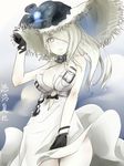  akino_shuu bare_shoulders black_gloves blue_eyes breasts character_name dress gloves hair_over_one_eye hat kantai_collection large_breasts long_hair open_mouth seaport_summer_hime shinkaisei-kan sleeveless sleeveless_dress solo translation_request white_dress white_hair white_hat white_skin 