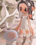  1girl agent_8_(splatoon) black_eyes black_hair bodysuit boots brown_hair closed_mouth commentary coral full_body gradient_hair highres li04r long_hair multicolored_hair octoling octoling_girl octoling_player_character sleeveless sleeveless_bodysuit socks solo splatoon_(series) splatoon_3 splatoon_3:_side_order standing tentacle_hair thick_eyebrows two-tone_hair white_bodysuit white_footwear white_socks 