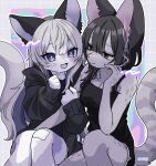  2girls animal_ears animal_nose artist_name black_camisole black_hoodie black_shorts blush breasts bright_pupils camisole cat_ears cat_girl cat_tail cigarette cleavage clenched_hand commentary furry furry_female green_eyes hair_between_eyes highres holding holding_another&#039;s_arm hood hoodie long_hair medium_breasts medium_hair meg_(115meg) multiple_girls original purple_eyes shorts sleeves_past_wrists smile smoking snout symbol-only_commentary tail white_pupils yuri 