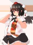  1girl alternate_body_size bird_wings black_hair black_skirt black_wings blush breasts buttons clenched_hand closed_mouth commentary_request cowboy_shot fat frilled_skirt frills grey_background hat highres large_breasts looking_at_viewer nerizou open_hand pointing pointing_at_self pointy_ears red_eyes red_headwear shameimaru_aya short_sleeves skirt solo split_mouth thick_thighs thighs tokin_hat touhou white_background wing_collar wings 