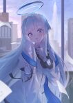  1girl absurdres blue_archive finger_to_mouth grey_hair halo headgear highres jacket long_hair long_sleeves looking_at_viewer mechanical_halo moca_suzuka noa_(blue_archive) purple_eyes smile solo very_long_hair white_jacket 