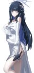  1girl black_hair blue_archive blue_eyes blue_hair blue_halo blush closed_mouth colored_inner_hair dress earrings elbow_gloves gloves halo highres jewelry ku!?_(ku_k_u) long_hair looking_at_viewer multicolored_hair official_alternate_costume saori_(blue_archive) saori_(dress)_(blue_archive) simple_background sketch solo strapless strapless_dress white_background white_dress white_gloves 