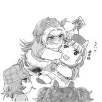  4girls ahoge animal_ears beanie biting_own_lip blunt_bangs blush bow bowtie chibi clenched_teeth commentary ear_bow ear_covers ear_ornament ears_through_headwear embarrassed furrowed_brow gold_ship_(umamusume) greyscale hair_intakes hair_ribbon hat headgear horse_ears horse_girl itou_korosuke jitome loafers long_hair mask messy_hair monochrome mouth_mask multiple_girls nakayama_festa_(umamusume) orfevre_(umamusume) photo_(object) pillbox_hat pleated_skirt puffy_short_sleeves puffy_sleeves ribbon sailor_collar sailor_shirt school_uniform shirt shoes short_sleeves single_ear_cover skirt summer_uniform sweatdrop tail teeth tosen_jordan_(umamusume) tracen_school_uniform translated twintails umamusume uneven_eyes v-shaped_eyebrows very_long_hair 