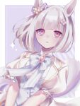  1girl animal_ears blurry bow bowtie breasts brooch coat depth_of_field grey_hair hair_ornament hairclip happy_meek_(umamusume) highres horse_ears jewelry looking_at_viewer maigo_(user_xkwr8585) open_clothes open_coat parted_lips pink_eyes puffy_short_sleeves puffy_sleeves shirt short_hair short_sleeves small_breasts solo sparkle umamusume upper_body v vest white_coat white_shirt 