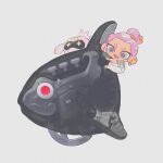  1girl agent_8_(splatoon) drone fang fish fish_skeleton grey_background grey_eyes jelleton non-humanoid_robot octoling octoling_girl octoling_player_character open_mouth panicking_alla_mambo pearl_drone_(splatoon) pink_hair red_eyes robot s_mame_31 short_hair simple_background smile splatoon_(series) splatoon_3 splatoon_3:_side_order tentacle_hair thick_eyebrows v-shaped_eyebrows 