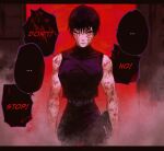  ... 1girl bare_arms belt biceps black_hair black_pants black_shirt blood blood_on_arm blood_on_face cowboy_shot eliasdessin english_text highres jujutsu_kaisen looking_at_viewer muscular muscular_female one_eye_closed pants red_eyes scar scar_across_eye shirt short_hair sleeveless sleeveless_shirt solo spoken_ellipsis tank_top too_many_scars 