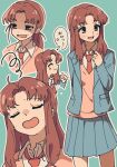  1girl blazer blue_jacket blue_skirt blush brown_eyes brown_hair cardigan closed_eyes collared_shirt egashira_mika gloom_(expression) jacket long_hair multiple_views necktie nzeneee open_mouth ponytail red_necktie shirt skip_to_loafer skirt 