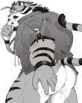  1boy absurdres after_sex ahoge animal_ears another_eidos-r ass bara biting_own_finger blush cum cumdrip edgar_(another_eidos) facial_hair furry furry_male goatee greyscale hand_on_own_ass highres looking_back male_focus monochrome mustache no_pants sawch_cls tail tiger_boy tiger_ears tiger_stripes tiger_tail 