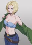  1girl absurdres bare_shoulders belt blonde_hair blue_eyes blue_mary blue_pants breasts cleavage collarbone commentary fatal_fury green_jacket grey_background highres jacket looking_at_viewer loose_belt medium_breasts midriff multiple_belts navel off_shoulder open_clothes open_jacket pants parted_bangs parted_lips short_hair solo stomach strapless the_king_of_fighters the_king_of_fighters_&#039;97 tube_top tyanoki 