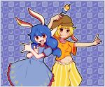  2girls :3 animal_ears bishoujo_senshi_sailor_moon blonde_hair blue_dress blue_hair brown_headwear cabbie_hat closed_mouth dress earclip flat_cap floppy_ears food hat long_hair low_twintails midriff multiple_girls navel open_mouth pointing puffy_short_sleeves puffy_sleeves rabbit_ears rabbit_tail red_eyes ringo_(touhou) seiran_(touhou) shirt short_hair short_sleeves shorts striped_clothes striped_shorts suwa_lagito tail thick_eyebrows touhou twintails upper_body vertical-striped_clothes vertical-striped_shorts wagashi white_shirt yellow_shorts 