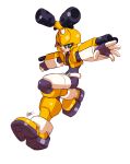  1girl absurdres aile_(mega_man_zx) arm_cannon black_bodysuit blush_stickers bodysuit brown_hair cosplay cropped_jacket crossover crotch_plate green_eyes highres horns jacket medarot mega_man_(series) mega_man_zx metabee metabee_(cosplay) open_clothes open_jacket short_hair shoutaro_saito simple_background weapon white_background 