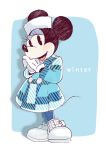  1girl animal_ears blue_background blue_dress blush border disney dress english_text full_body fur_hat hands_up hat highres interlocked_fingers looking_at_viewer minnie_mouse mouse_ears mouse_tail non_565656 open_mouth own_hands_together solo tail white_border white_footwear 