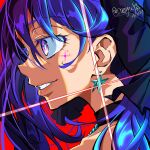  1girl black_choker blue_hair character_request choker close-up copyright_request dark_blue_hair dated earrings facial_mark grin highres jewelry kaoryu-kun portrait profile purple_eyes smile solo star_(symbol) star_earrings star_facial_mark twitter_username 