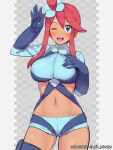  1girl ;d aqua_jacket aqua_shorts blue_eyes blush boris_(noborhys) breasts checkered_background eyelashes gloves grey_background hair_ornament highres jacket midriff navel one_eye_closed one_side_up open_mouth pokemon pokemon_bw red_hair short_shorts shorts sidelocks skyla_(pokemon) smile solo teeth thigh_pouch tongue upper_teeth_only watermark 