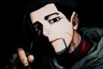  1boy black_background black_eyes black_hair blue_jacket cloak close-up closed_mouth collared_jacket dark expressionless facial_hair goatee golden_kamuy green_cloak grmms_otk hair_slicked_back hand_up index_finger_raised jacket looking_at_viewer male_focus ogata_hyakunosuke portrait shadow short_hair simple_background solo undercut 