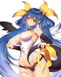  asymmetrical_wings black_panties blue_hair blush breasts buttons corset detached_collar dizzy guilty_gear hair_ribbon holding_tail large_breasts long_hair navel oro_(sumakaita) panties red_eyes ribbon simple_background smile solo tail tail_ribbon twintails underwear white_background wings 