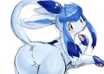 absurd_res ambiguous_gender blue_body blue_eyes blue_fur blush eeveelution feral fur generation_4_pokemon glaceon gloves_(marking) hi_res joeri_kunisaki looking_at_viewer looking_back looking_back_at_viewer markings nintendo pawpads pokemon pokemon_(species) raised_tail rear_view simple_background solo tail white_background