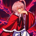  1990s_(style) 1girl black_ribbon capelet dress frilled_capelet frilled_sleeves frills grey_eyes grey_hair hair_bobbles hair_ornament highres long_hair long_sleeves multiple_wings neck_ribbon red_capelet red_dress retro_artstyle ribbon shinki_(touhou) shirt side_ponytail smirk solo step_arts touhou touhou_(pc-98) white_shirt wide_sleeves wings 