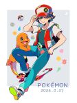  1boy backpack bag belt belt_buckle black_belt border buckle charmander closed_mouth commentary_request copyright_name dated green_pants grey_background hand_on_headwear hat highres jacket male_focus mizuki_tsukimori open_clothes open_jacket pants poke_ball poke_ball_(basic) pokemon pokemon_(creature) pokemon_rgby red_(pokemon) red_headwear shirt shoes smile white_border 